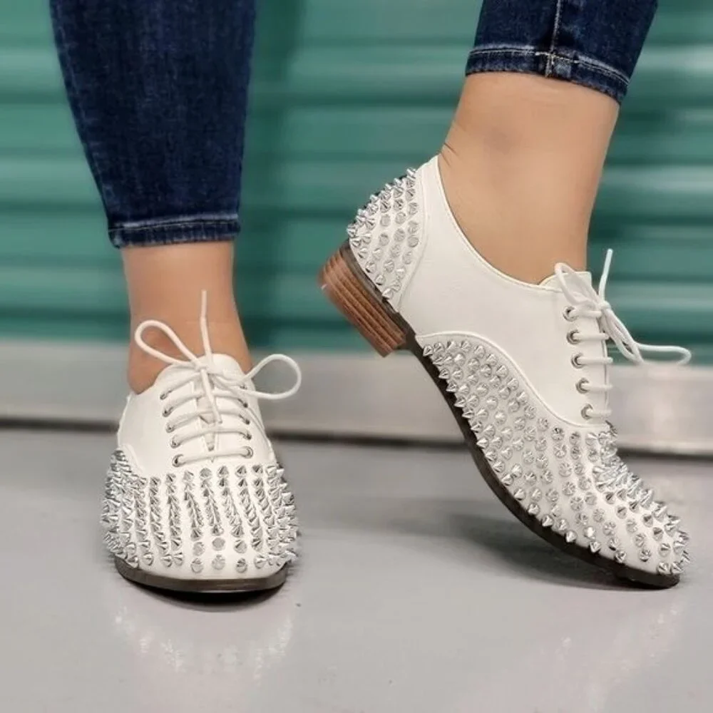Women's White Silver Studded Lace Up Flat Oxford Shoes